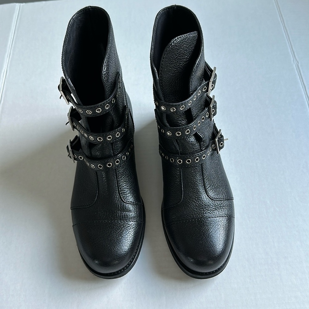 Jimmy Choo Triple Buckle Black Motto Multi Strap Leather Boots Size 8.5